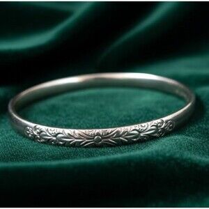 Vintage Whiting Davis Bangle Bracelet Silver Tone Signed Etched Floral Design